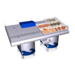Bacs inox de fruits de mer sur étal de poissonnerie