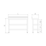Dimensions table adossée en inox avec 2 étagères