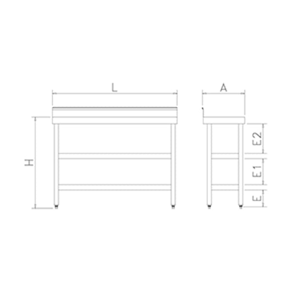 Dimensions table adossée en inox avec 2 étagères