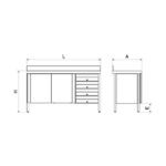 Dimensions table adossée inox avec portes et tiroirs côté droit