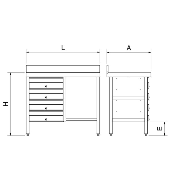 Dimensions table adossée inox avec 3 tiroirs côte droit