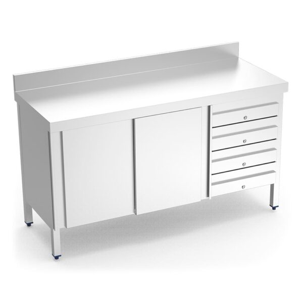 table adossée inox avec portes et tiroirs côté droit