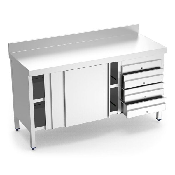 table inox avec portes et 4 tiroirs côté droit