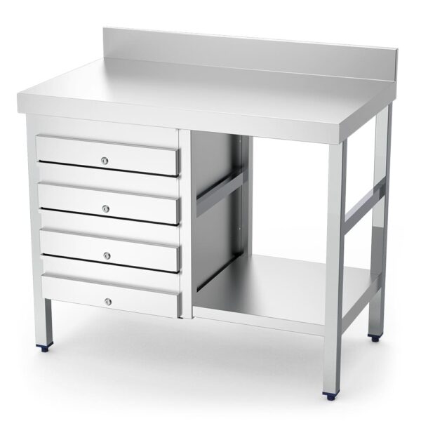 table adossée inox avec 4 tiroirs côte gauche