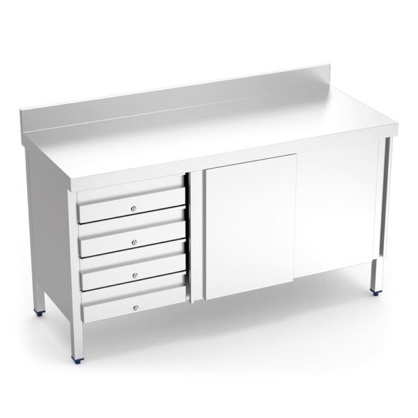 table adossée inox avec portes et tiroirs côté gauche