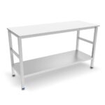 Table de boucher en inox, dessus polyéthylène blanc et étagère basse