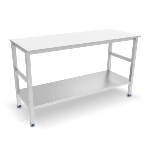 Table de boucher en inox, dessus polyéthylène blanc et étagère basse