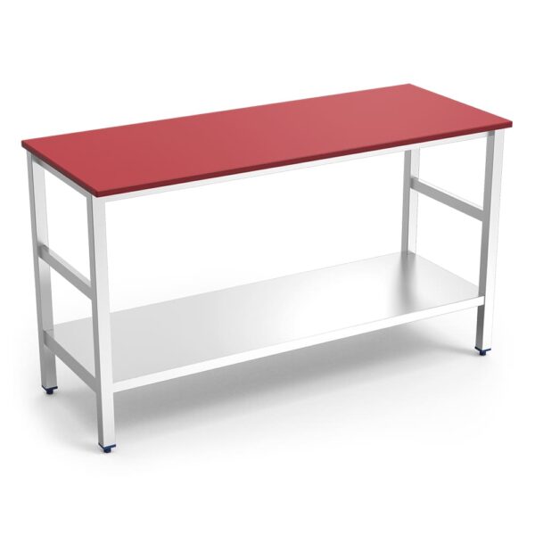 Table de boucher en inox, dessus polyéthylène rouge et étagère basse