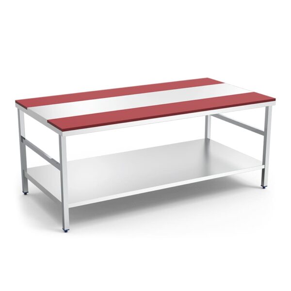 table de découpe face à face rouge avec étagère basse