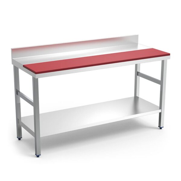 table de préparation adossée mixte inox/polyéthylène rouge avec étagère basse
