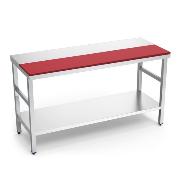 table de préparation centrale mixte inox/polyéthylène rouge avec étagère basse