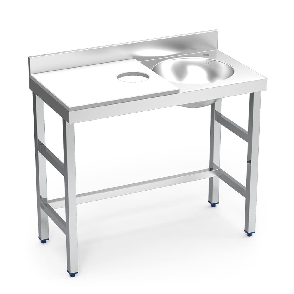 table-de-preparation-et-lavage-1000mm-bac-droite-dessus-polyethylene-blanc table de préparation mixte avec évier à droite et trou vide-déchets - plateau blanc
