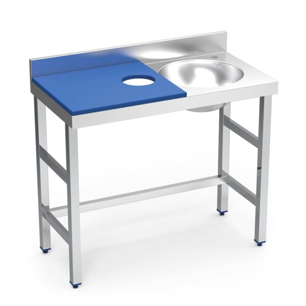 table de préparation mixte avec évier à droite et trou vide-déchets - plateau bleu