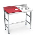 table de préparation mixte avec évier à droite et trou vide-déchets - plateau rouge