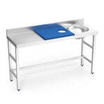 table de préparation mixte de 1500 mm avec évier à droite et trou vide-déchets - plateau bleu