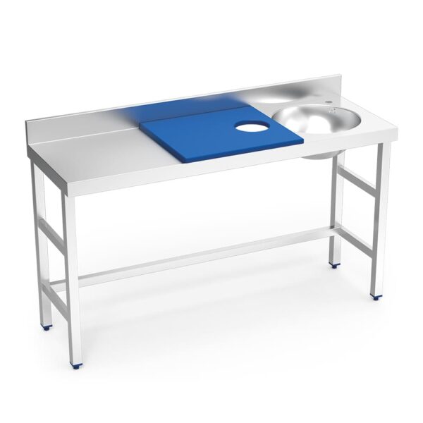 table de préparation mixte de 1500 mm avec évier à droite et trou vide-déchets - plateau bleu